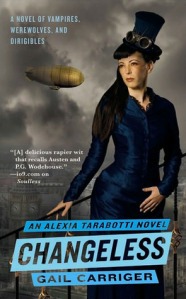 Cover of "Changeless," featuring a thin white woman in a blue Victorian dress and a steampunk hat with a steampunk blimp in the gray clouds behind her.