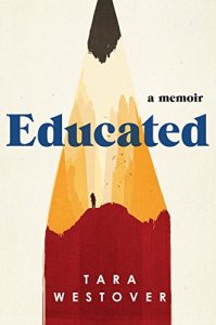 Cover of "Educated," featuring a drawing of a pencil. The yellow part of the pencil forms hills and the wood part leading towards the sharpened tip form sky, and there is the silhouette of a girl standing on the top of the hills against the sky.