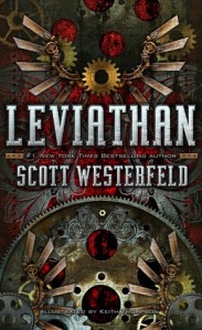 Cover of "Leviathan," featuring assorted gears in silver, gold, and red, and some metal pieces in the shape of outstretched wings in the center.