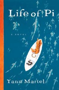 Cover of "Life of Pi," featuring a small white lifeboat seen from above on a blue sea with a large tiger and a small, dark human figure curled up inside.