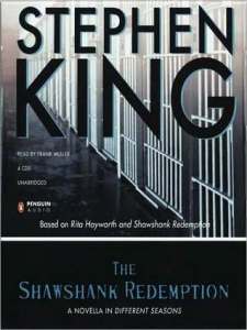 Cover of "The Shawshank Redemption," featuring an image of a hall of jail cell doors in shades of black and gray.