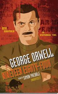 Cover of "1984," featuring a stern-looking man with dark hair and a mustache against a red background staring towards the viewer with his arms crossed.
