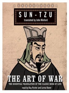 Cover of "The Art of War," featuring an ancient Chinese style drawing of a man with a long pointed beard on a parchment-colored background.