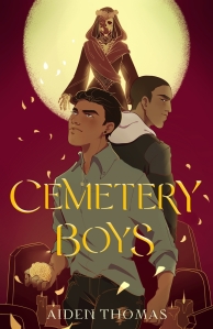 Cover of the book, featuring a Latino boy in a button-down shirt holding a marigold and turned slightly to the side, a taller Latino boy with buzzed hair facing the other way with his back to the first boy, and skeleton with a red robe and a crown of flowers above and behind them both.