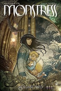 Cover of the book, featuring a girl in a blue coat with long dark hair and a small child with a fox tail and ears with a background that has an overgrown temple on one side and a crashing sea on the other.