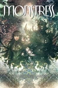 Cover of the book, featuring a dark-haired girl in armor standing next to a tall creature made of eyes and dark tendrils; the tendrils connect to the girl and form her left arm.