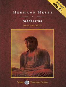 Cover of "Siddhartha," featuring a photograph of a meditating buddha statue - the photograph was either taken at sunset or has been edited to be mostly in tones of brown and orange.