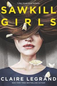 Cover of the book, featuring a white girl with brown hair flying around her head, hiding her eyes; she has several white moths in her hair and flying around her.