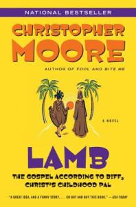 Cover of the book, featuring a drawing of the backs of two men in robes walking towards palm trees; one seems calm and has a halo over his head, and the other has his robe pulled up like he's flashing the palm trees.