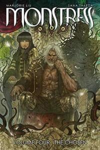 Cover of the book, featuring Maika and Zinn on opposite sides of a white-haired man whose coat is open to show a vertical eye marking that looks like a red tattoo.