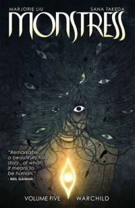 Cover of the book, featuring Maika with a glowing vertical eye on her chest and her hair flying out to fill the cover; one of her eyes can be seen under her hair, open wide, and many narrower eyes are in her hair.