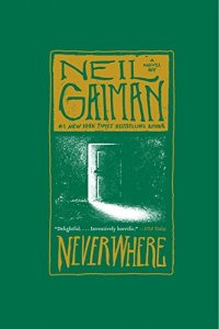 Cover of Neverwhere, featuring a drawing entirely in green of a door open a crack with light shining through.