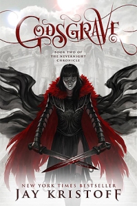 Cover of the book, featuring a dark-haired girl in black armor wearing a red cloak and holding two bloody swords; shadows fan out behind her like wings.