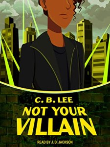 Cover of the book, featuring a drawing of a person with medium brown skin and short, curly dark hair wearing a dark jacket with green trim; behind them are towering city skyscrapers tinted green.