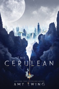 Cover of the book, featuring a city in shades of blue and silver rising above dark clouds speckled with stars. A long-haired person in a silver dress is falling below the city, drawing a silver trail through the clouds.