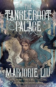 Cover of the book, featuring a woman with a crown of blue feathers wearing intricate gold armor and surrounded by crows; she is holding a sword in a pose that looks like she just chopped through the twisted root in front of her.