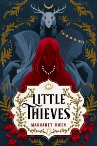 Cover of the book, featuring four silhouettes - in the center, the red silhouette of a girl facing forward with a string of white pears around her neck; on the left, facing away from the center girl, a blue silhouette wearing a necklace with a small skull; on the right, facing away from the center girl, a blue silhouette with a golden circlet around her hair; in the back, towering above all three, a dark silhouette whose head is a deer skull with glowing red eyes.