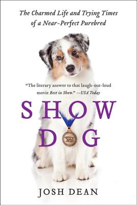 Cover of the book, featuring a young medium-sized dog, mostly white with dark gray and reddish-brown splotches, sitting with a medal on a blue ribbon around its neck.
