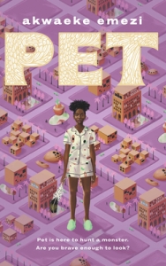 Cover of the book, featuring a black girl in pajamas standing on a cityscape with pink ground and orange buildings - the tallest buildings only come up to her waist.