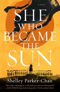 Cover of the book, featuring one dark silhouette of a person on horseback with other silhouettes of an army behind them. Above them the sky is yellow and the huge orange sun is partially blocked by the black silhouette of a battle banner.