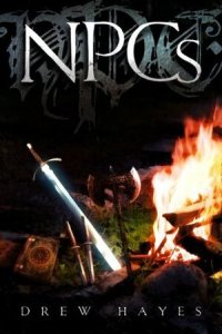 Cover of the book, featuring a book, two daggers, a sword, and a battle axe next to a campfire.
