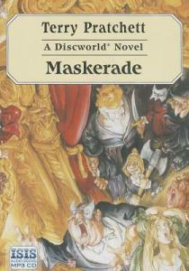 Cover of the book, featuring an opera stage containing a very fat man in a tuxedo, a humanoid lizard in a tuxedo, a very short man holding an axe, a thin blonde girl looking about to faint, a very fat woman in a green dress with her mouth open like she is singing, an old woman in a black dress and a witch's hat, and a figure in a white Phantom of the Opera mask holding a knife.