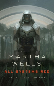 Cover of the book, featuring a humanoid form in white and gray armor with a flat black face plate standing in front of a forest - a planet's rings can be seen in the sky behind it.
