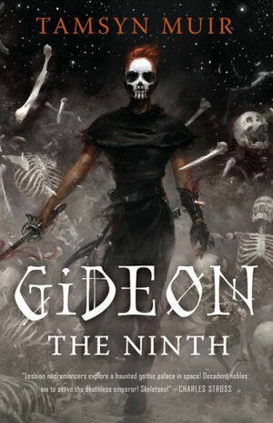 Cover of the book, featuring a red-haired person dressed in black with their face painted to look like a skull. They have a sword in one hand and behind them assorted human bones are flying through the air.