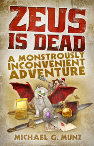 Cover of the book, featuring a white kitten with red bat wings chewing on the chain of a silver amulet with a purple jewel in the center. Around the kitten are various items, including a golden Blackberry-style cell phone, a golden orb in a gray box, a sword, two playing cards, and an ice cream sundae with an arrow stuck through it.