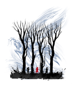Cover of the story, featuring the silhouette of three children among leafless trees - behind the trees lines like artistic gusts of wind render hte shape of a giant wasp.