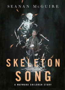 Cover of the story, featuring a brilliantly white skelleton in the process of dissolving - the fractured bones are winding around a boy who is looking up at the skeleton and holding another bone in his hand.