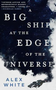 Cover of the book, featuring a large spaceship cutting a dark path through flat white clouds.