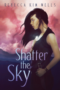 Cover of the book, featuring a profile of a girl with straight dark hair - she has one hand on a knife at her hip and the other at her collar, holding something that is glowing.
