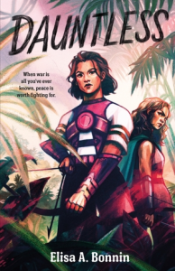 Cover of the book, featuring a feminine person with light brown skin and medium-brown wavy hair dressed in red-pink armor and holding a bow while standing in a jungle; behind this person is another person with similar coloring but longer hair who is looking over her shoulder at the first person with a suspicious, slightly angry expression.