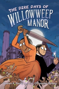 Cover of the book, featuring a Black woman in an orange Gothic dress and a white man in a black suit. They are surrounded by rabbits with glowing green eyes and there is a Gothic manor in the background. The man is holding a butter knife and the woman has an umbrella raised like she is going to hit the rabbits.