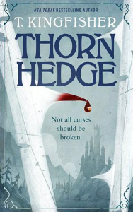 Cover of the book, featuring thorns in the foreground and a castle in the background; one of the thorns is stained red and has a drop of blood hanging from the tip.