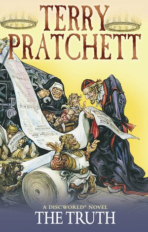 Cover of the book, featuring a brawny, mean-looking nun holding a wrench, a hunched older man in robes, a dwarf, and a few other dwarves and humans looking at a long piece of newsprint.
