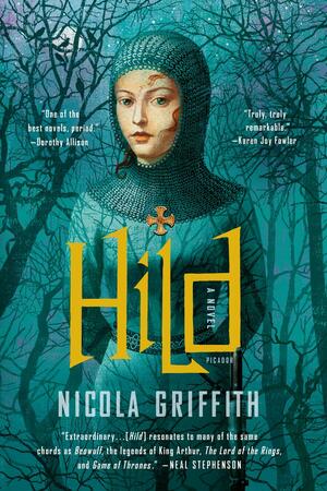 Cover of the book, featuring a young woman in a medieval dress and chain mail hood in a moonlit forest in shades of blue and gray; except for her face and hood, her body is transparent, so you can see the silhouettes of the trees through her.