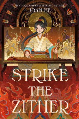 Cover of the book, featuring an artistic rendering of a girl with long dark hair in a high ponytail sitting at a low table on which is a long stringed instrument; her hands are poised as if ready to start playing.