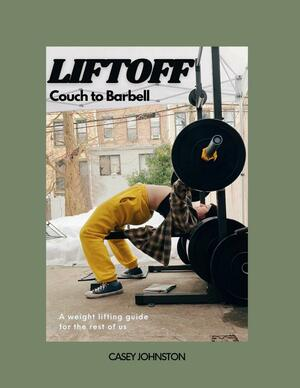 Cover of the book, featuring a person in  yellow pants and a green plaid top laying on a weightlifting bench and pressing a barbell with huge weight plates up into the air.