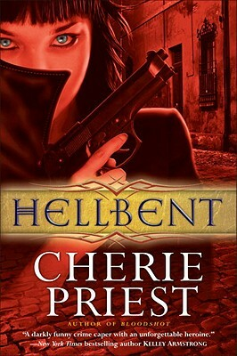 Cover of the book, featuring an image of a person with dark hair and bright eyes; the bottom half of their face is hidden behnd the collar of their dark coat and they have a gun in one hand. The whole image is tinted red.